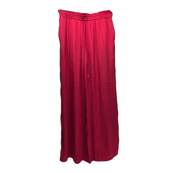 NEW Naked Zebra Red Silky Flowy Wide Leg Pants, Smocked Drawstring Waist, Large - Picture 1 of 9